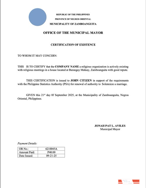Philippines certificate of existence Word and PDF template, version 2